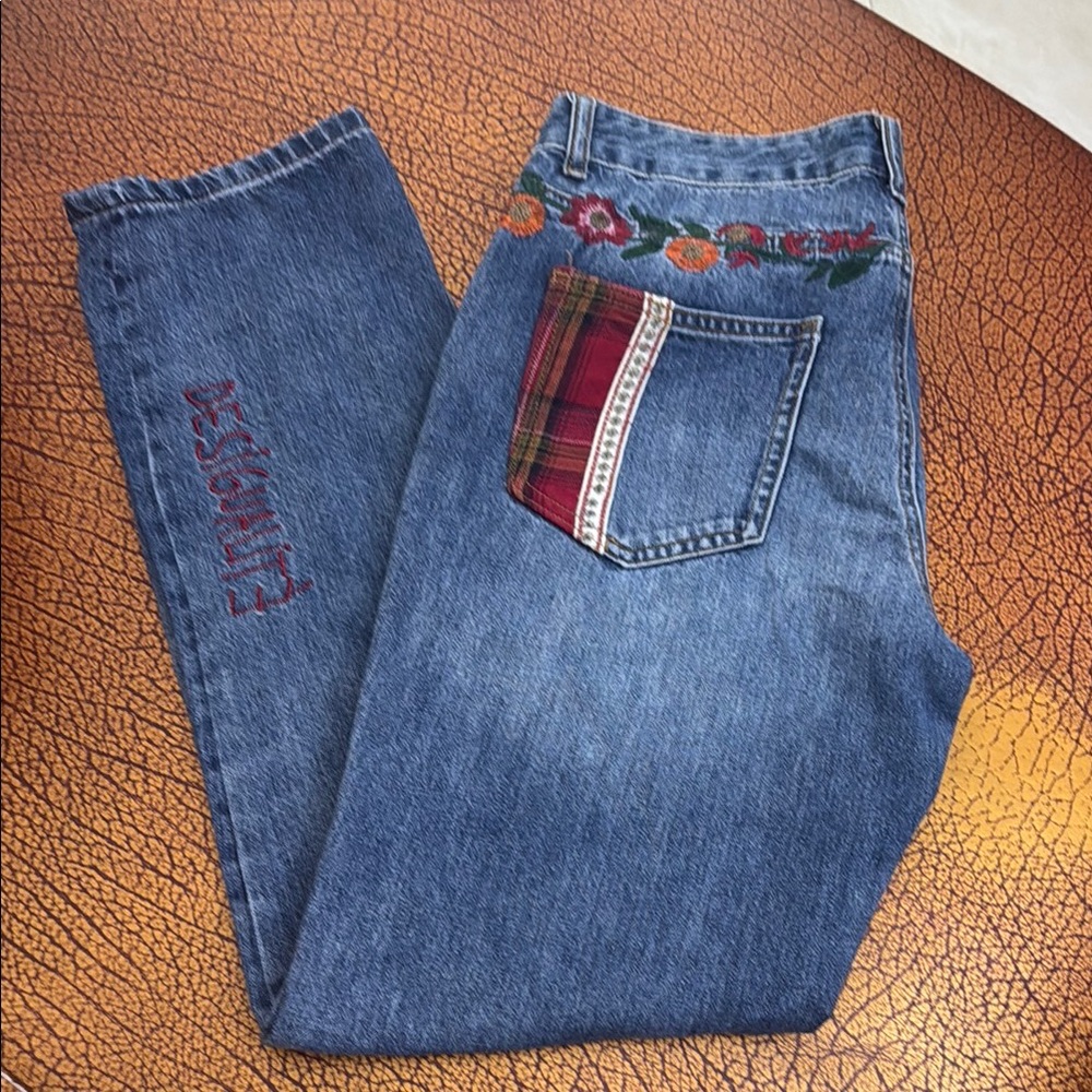 Desiqual Exotic Blue and Red Relaxed flower Jeans Timeless Comfort Size 28